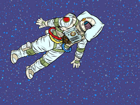 A tired astronaut sleeps in outer space. A professional sleeps at work with his head on a pillowのイラスト素材
