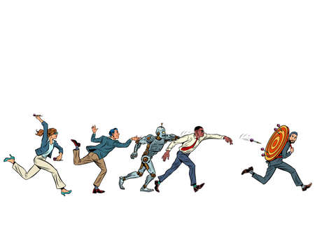 business competition concept, crowd of people attacks businessman target dart target accuracy...