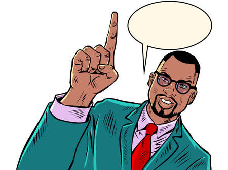 businessman attention gesture index finger up, announcement and advertising concept. a smiling man in a suitのイラスト素材