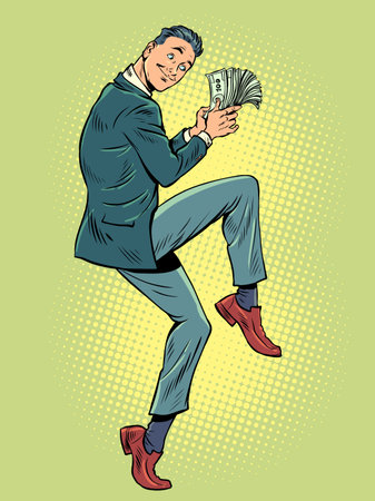 Businessman in a funny pose. Businessman with a wad of US dollars in cash. finance income profit prize lotteryのイラスト素材