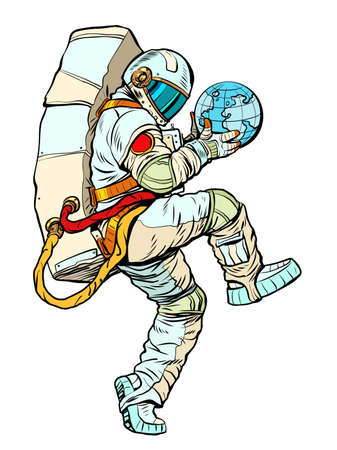 astronaut holding planet earth in hands, ecology science and world economy theme. man in a funny poseのイラスト素材