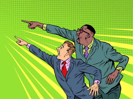 People point with their hand. Template advertising announcement news sale. Two male businessmen, partners Pop art styleのイラスト素材