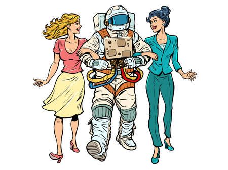 Date. A astronaut with two girls. Unconventional marriage. Friends are walkingのイラスト素材