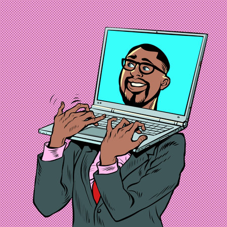Pop art african american businessman with laptop laptop instead of a head. An electronic device carrying a computer. Office workのイラスト素材