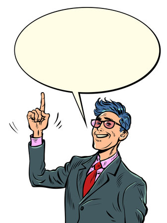 Joyful businessman points his finger up. Confidence and leadership. Directionのイラスト素材