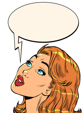 Pop art beautiful woman looks up with surprise. Large face. lady girlのイラスト素材