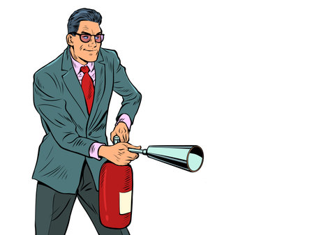 A businessman with a fire extinguisher is preparing to put out a fire. Extreme dangerous incident. Fighting fireのイラスト素材