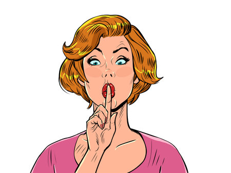 pop art surprised woman pressed her finger to her lips. Silence gossip newsのイラスト素材