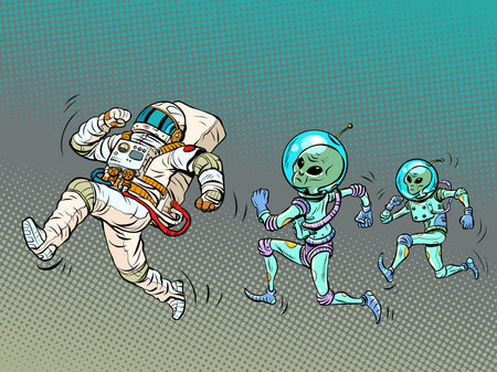 Aliens are chasing an astronaut. Kidnapping. UFOs and ufologyのイラスト素材