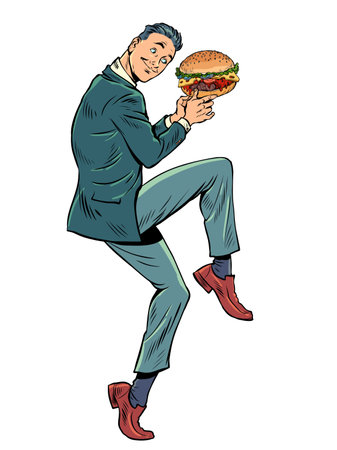 Businessman in a funny pose. whopper burger in hands, street foodのイラスト素材