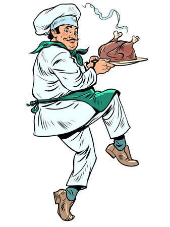 cook with roast turkey, poultry cooking and roasting, professional worker in restaurantのイラスト素材