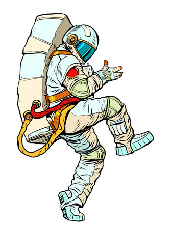 astronaut man in a spacesuit dances and rejoices, jump into the future. man in a funny poseのイラスト素材
