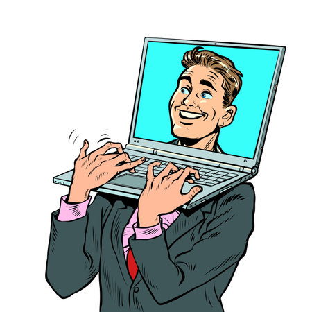 Pop art businessman with laptop laptop instead of a head. An electronic device carrying a computer. Office workのイラスト素材