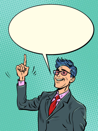Joyful businessman points his finger up. Confidence and leadership. Directionのイラスト素材
