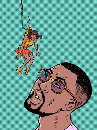 man and woman couple temptation. Lure trap people on a fishing hook. Dangerous loveのイラスト素材