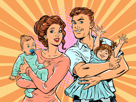Family mom and dad with children in their arms. pop art retro illustration 50s 60s styleのイラスト素材