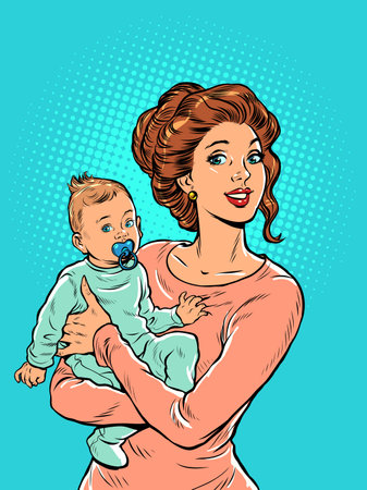 Joyful mother with a child in her arms. Mothers Day. Pop art retro style. Beautiful woman in motherhoodのイラスト素材