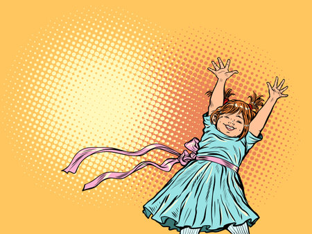 Smiling little girl raised her hands up. Happy childhood. Pop art retroのイラスト素材