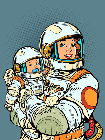 Joyful mother astronaut with a baby in her arms. Mothers Day. Pop art retro style. Cosmic woman in motherhoodのイラスト素材