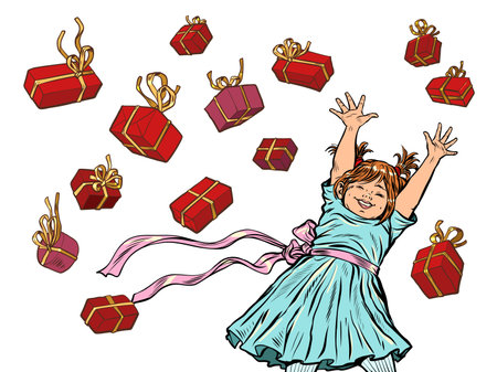 Joyful happy girl. Red gift boxes. Birthday or christmas backgroundのイラスト素材