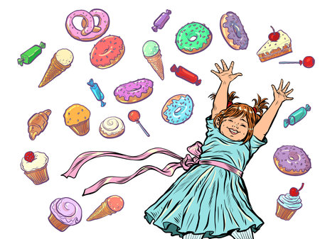 Joyful happy girl. Confectionery sweets candy cupcake donut cake ice cream. birthday backgroundのイラスト素材