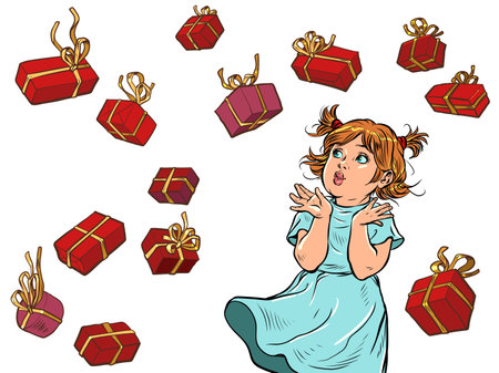 Joyful happy girl. Red gift boxes. Birthday or christmas backgroundのイラスト素材