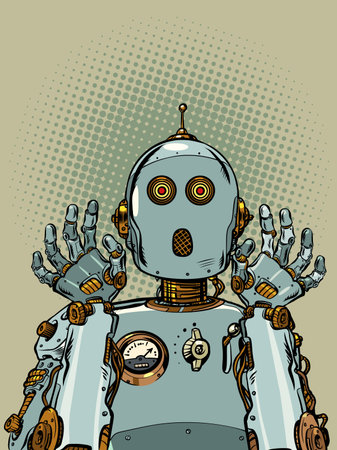 the frightened robot raised its hands in surprise. Emotions of artificial intelligence. retro mechanismのイラスト素材