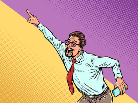 Energetic business leader makes a presentation. The hand points to the background. Successful careerのイラスト素材