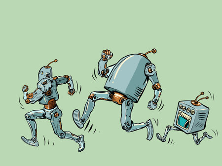 The robots are running. Different models of artificial intelligent humanoid mechanisms. running marathon speed sportのイラスト素材