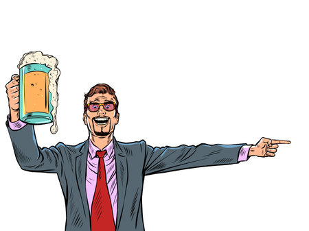 businessman with a mug of beer the man points to the side. Bar pub restaurantのイラスト素材