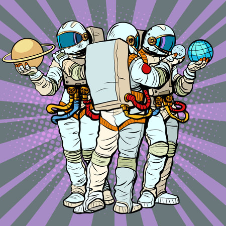 Astronauts view and explore the planets of the solar system. Earth and Saturn, Moon. astronautics scienceのイラスト素材