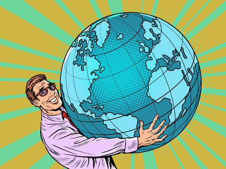 A businessman takes the planet earth in his hands science ecology humanityのイラスト素材