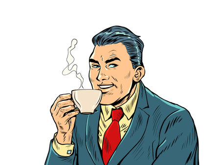 Joyful businessman drinking morning coffee. Hot drink. Cappuccino cocoa teaのイラスト素材