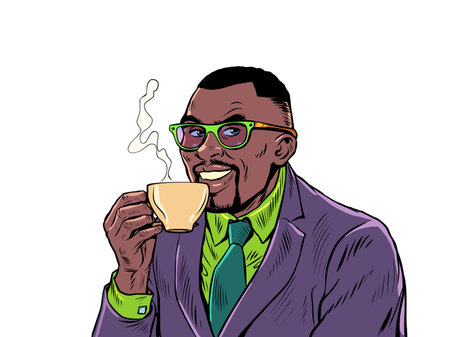 Joyful businessman drinking morning coffee. Hot drink. Cappuccino cocoa teaのイラスト素材