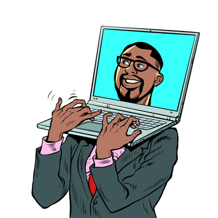 Pop art african american businessman with laptop laptop instead of a head. An electronic device carrying a computer. Office workのイラスト素材