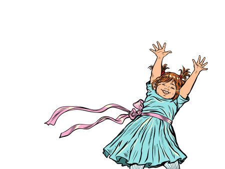 Smiling little girl raised her hands up. Happy childhood. Pop art retroのイラスト素材