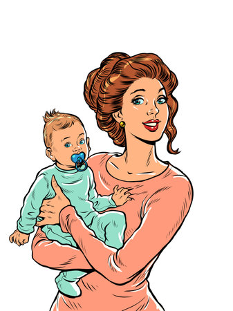 Joyful mother with a child in her arms. Mothers Day. Pop art retro style. Beautiful woman in motherhoodのイラスト素材
