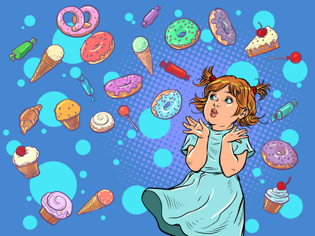 Joyful happy girl. Confectionery sweets candy cupcake donut cake ice cream. birthday backgroundのイラスト素材