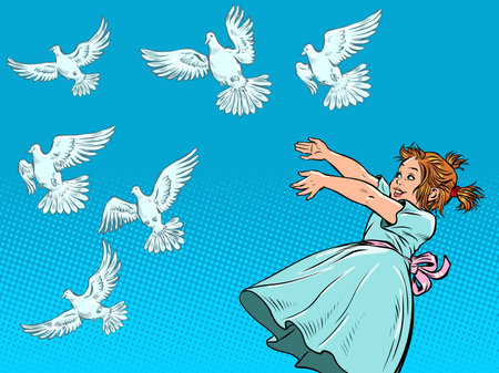 Little girl and white doves. A symbol of peace. Animals and childrenのイラスト素材
