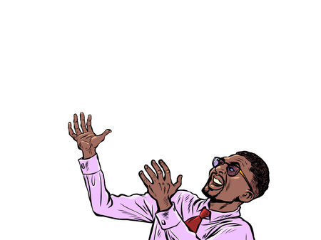 Joyful African businessman. Pose waiting for a treat. Hands up. Happiness positive smileのイラスト素材