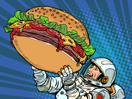 Joyful astronaut man and a huge burger. Street food fast food. Hungry man Happiness positive smileのイラスト素材