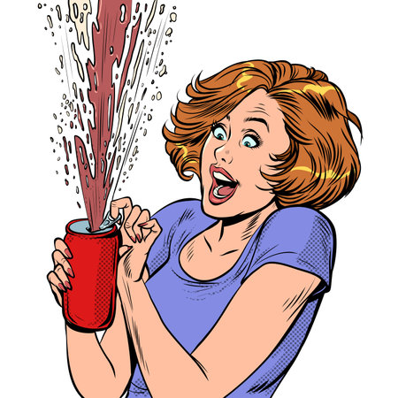 A woman opens a can of cola, soda foams sweet drinkのイラスト素材