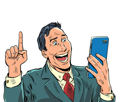 businessman with a smartphone. A man joyfully communicates on the phone, internet communication video chatのイラスト素材