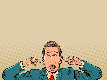 A man in a business suit plugs his ears. The employee refuses to listen to the rules and bosses. Irresponsible citizen. Pop Art Retroのイラスト素材