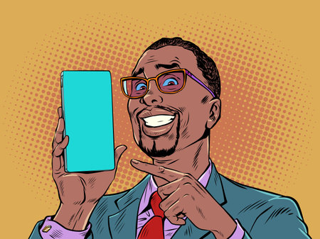 A man with black hair and fashionable glasses smiles and points to the phone. Product demonstration or offer on smartphone. The joy of a perfect purchase. Pop Art Retroのイラスト素材