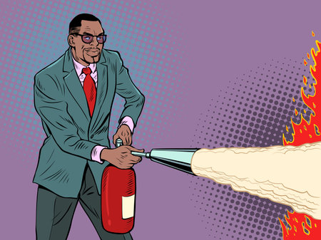 A businessman with a fire extinguisher is preparing to put out a fire. Extreme dangerous incident. Fighting fireのイラスト素材