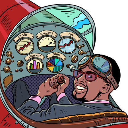 cockpit of a retro aircraft, the african american pilot leads the airplane. Pilot professionのイラスト素材