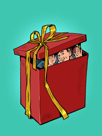 man husband red gift box christmas or birthday. surprise purchase, holiday saleのイラスト素材