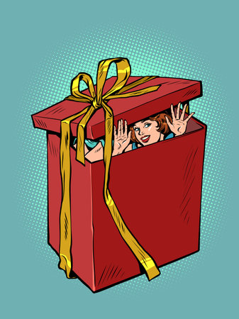 woman wife red gift box christmas or birthday. surprise purchase, holiday saleのイラスト素材