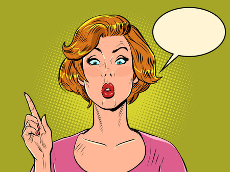 pop art surprised woman showing direction with index finger. Attention gossip newsのイラスト素材